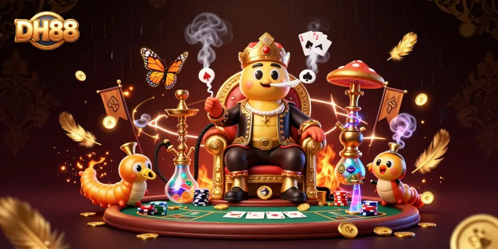 Engage in thrilling poker strategies with DH88 through an artistic casino scene featuring vibrant characters.