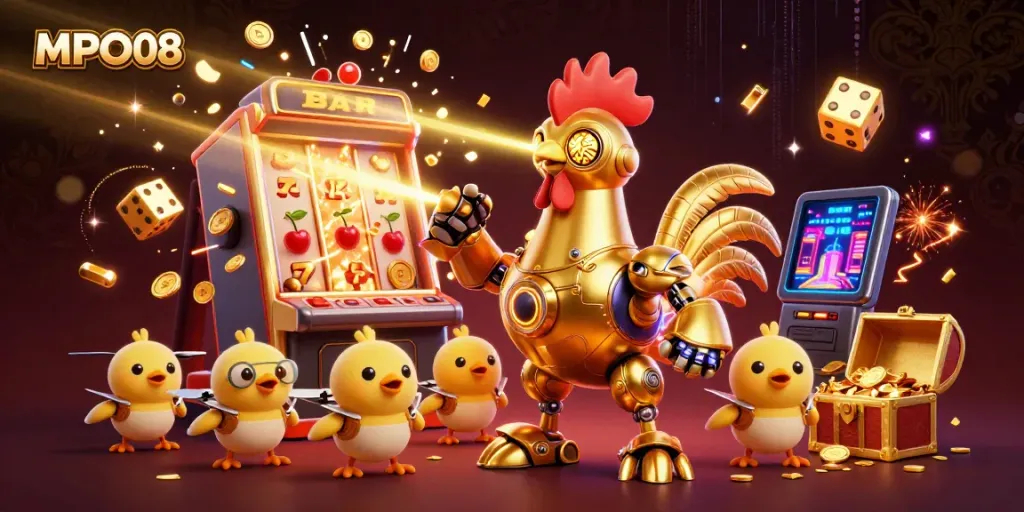 MPO08 showcases an exciting online casino experience with a dynamic illustration of a golden rooster robot and baby chick drones amidst casino game elements.