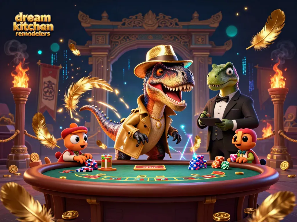 Experience the thrill of dream kitchen remodelers in a blackjack showdown with cartoon dinosaurs.