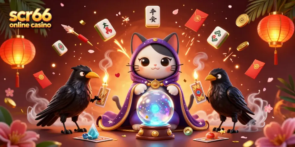 Enchanting scene of scr66 online casino featuring a mystic fortune teller cat and magical elements.