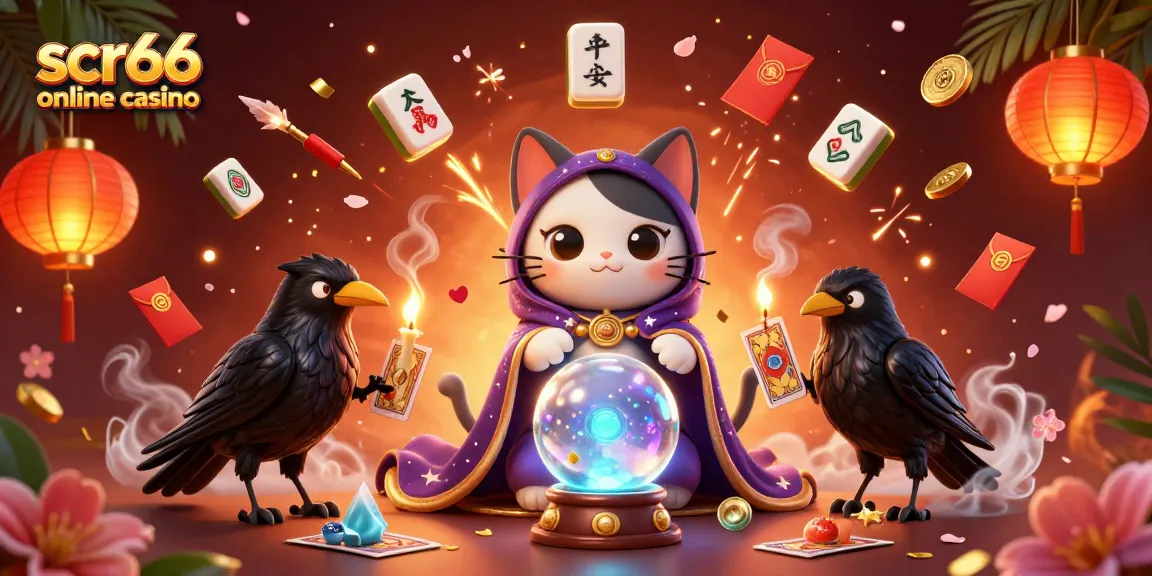 Enchanting scene of scr66 online casino featuring a mystic fortune teller cat and magical elements.