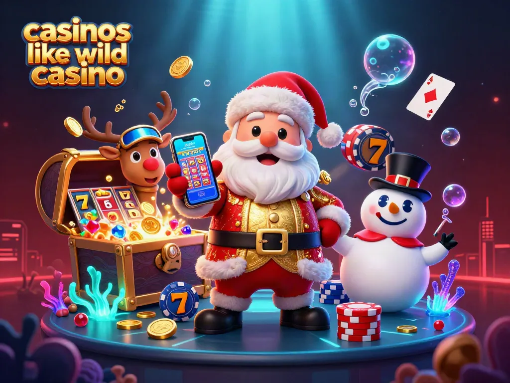 Spin jackpots like casinos like wild casino with Santa and friends amidst vibrant casino elements.