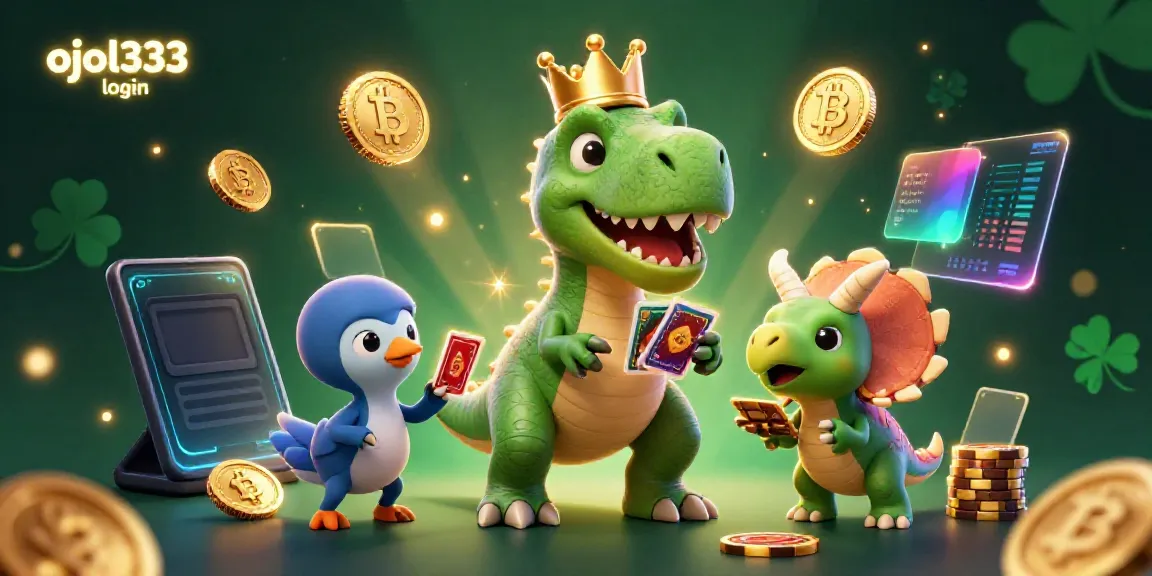 Join the fun at OJOL333 login with a whimsical 3D casino scene featuring T-Rex and dinosaur friends.