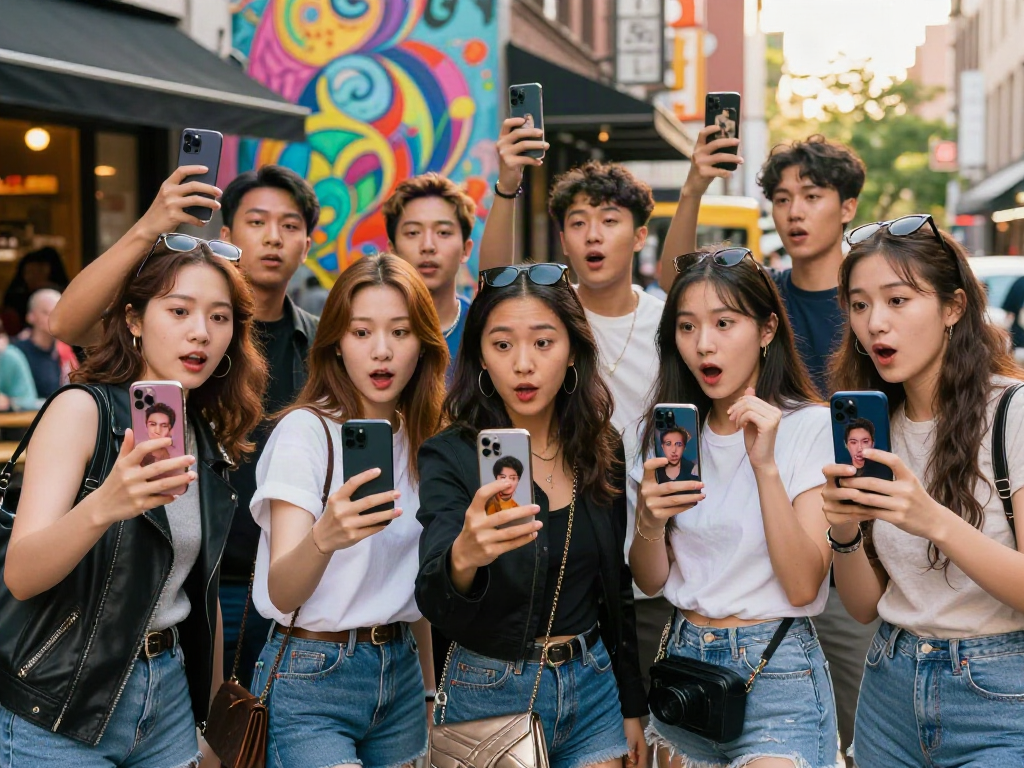 Young friends celebrating their celebrity look-alikes using a fun app in the city, highlighting the concept of celebrities look alike.