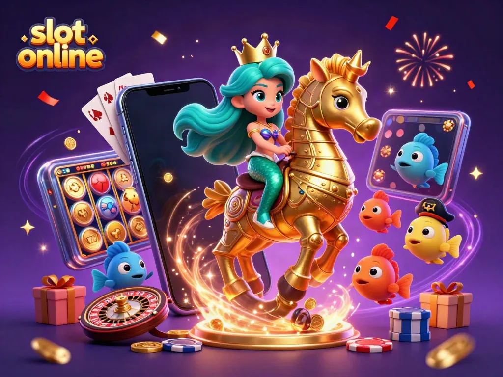 Experience the excitement of slot online games with a colorful casino adventure illustration.