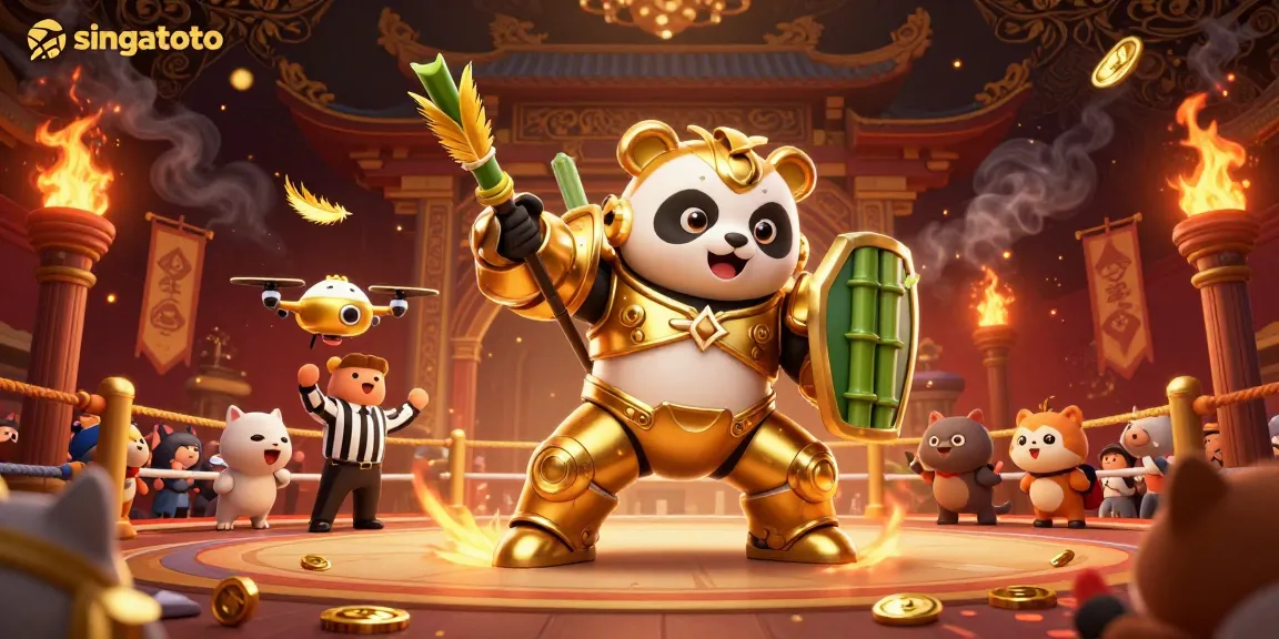 Experience thrilling action at singatoto with a mech-suit panda in a vibrant casino arena.