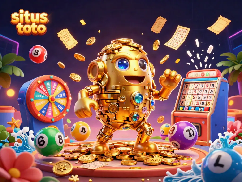 Experience situs toto gaming with a vibrant 3D golden golem, lottery balls, and dynamic prize elements.