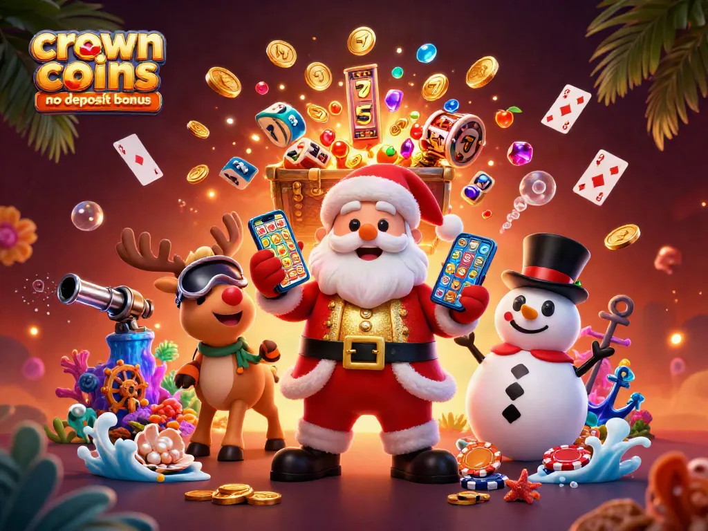 Claim your crown coins casino no deposit bonus with Santa and friends at this vibrant casino illustration.