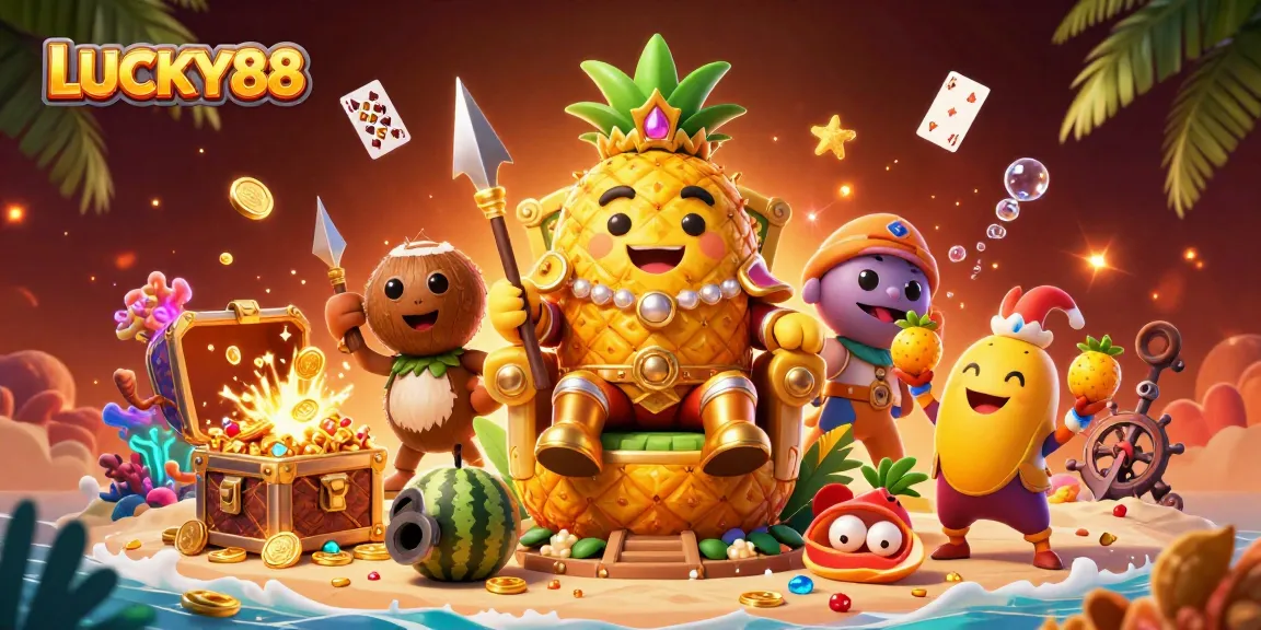 LUCKY88 engages players in a vibrant casino scene with a golden pineapple king and dynamic tropical elements.