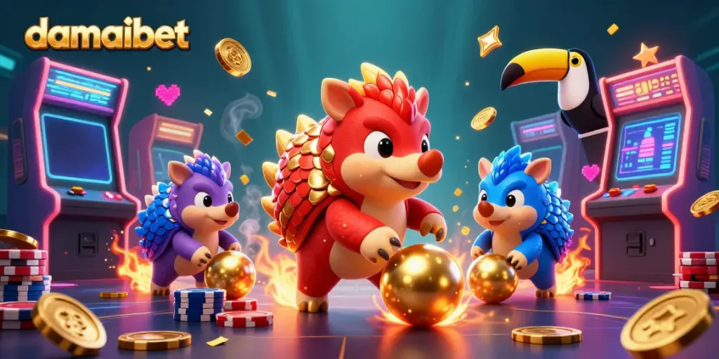 Damaibet showcases rival pangolins in a vibrant casino scene rolling poker chips with arcade elements.
