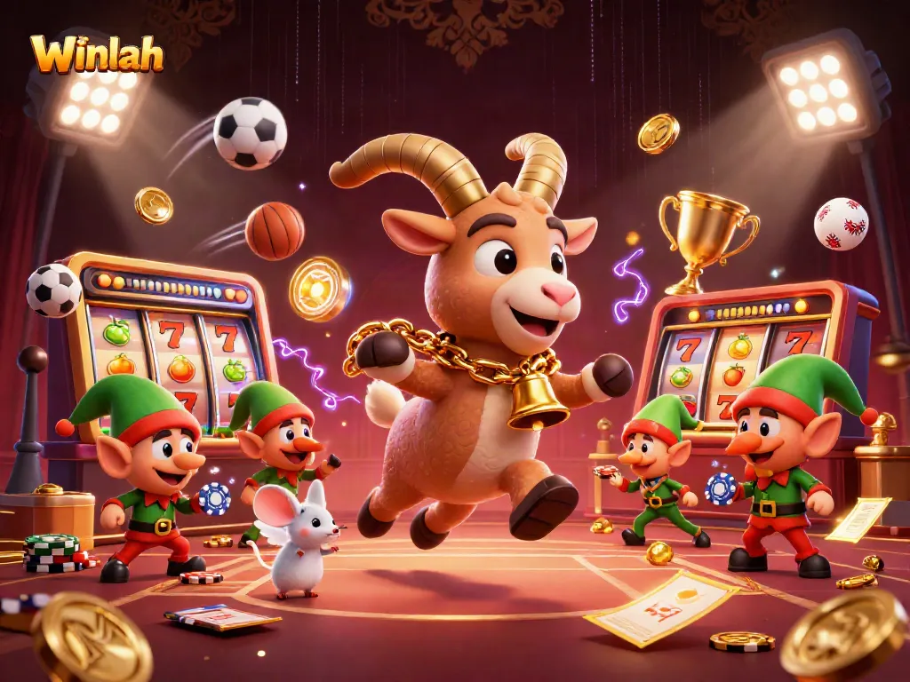 Winlah casino illustration featuring Krampus, angel mouse, and elf gremlins amidst slot reels and golden trophies.