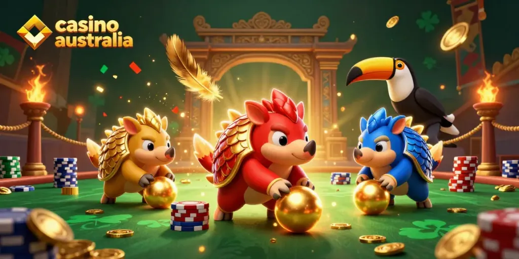 The vibrant world of casino australia gaming, featuring animated panaolins amid poker chips and gold.