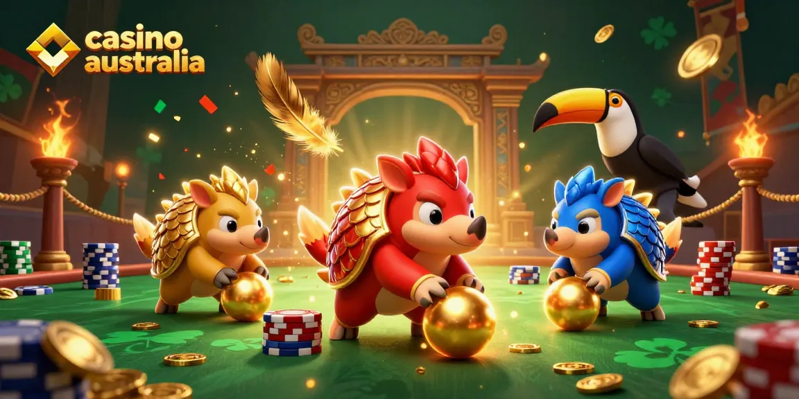 The vibrant world of casino australia gaming, featuring animated panaolins amid poker chips and gold.