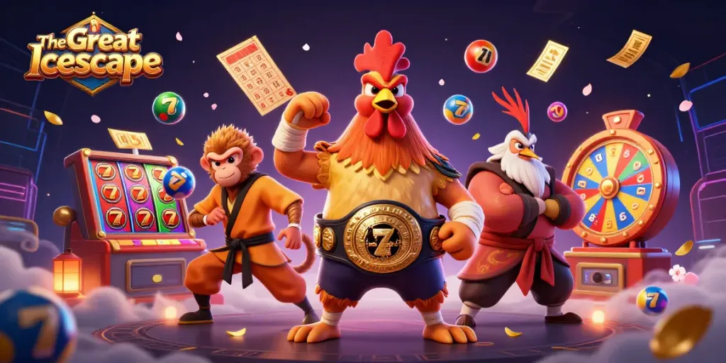 The Great Icescape slot showcases interactive elements with characters amid colorful lottery balls and winning symbols.