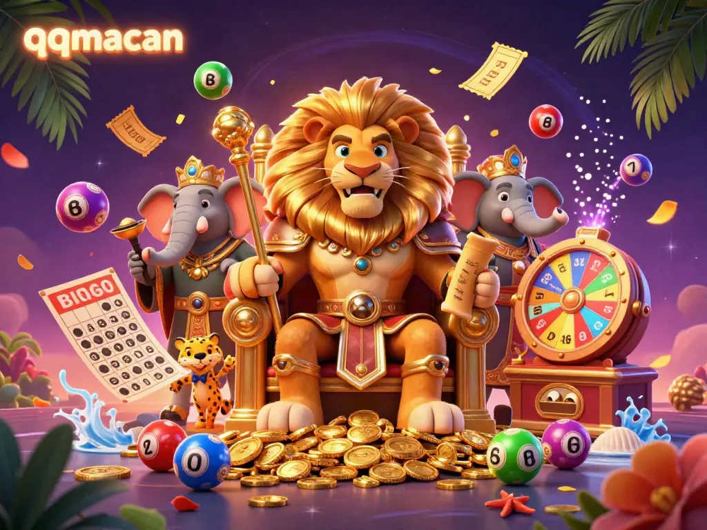Join the thrilling action at qqmacan with vibrant lottery elements and regal characters in a digital casino scene.