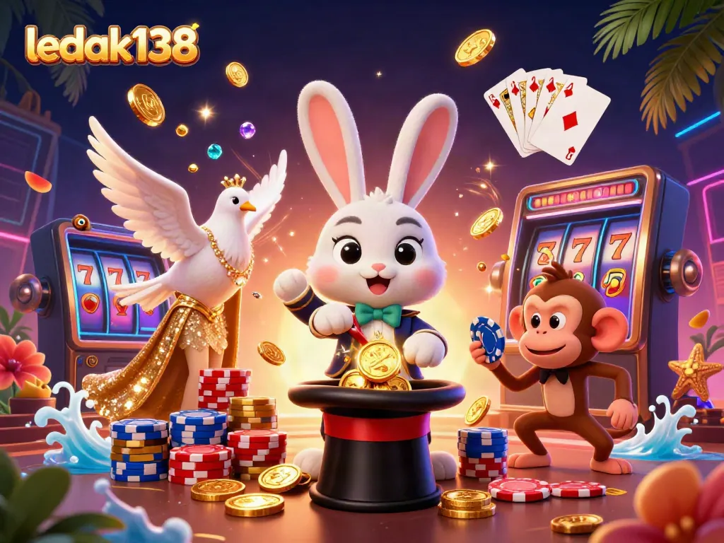 Rangkuman visual LEDAK138 dengan karakter magis dan elemen kasino yang menarik.