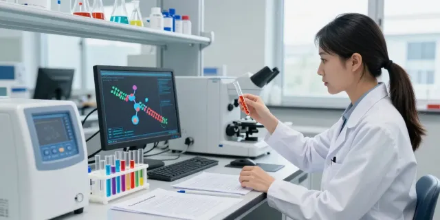 Researcher studying Epithalon peptide telomere effects in modern lab setting