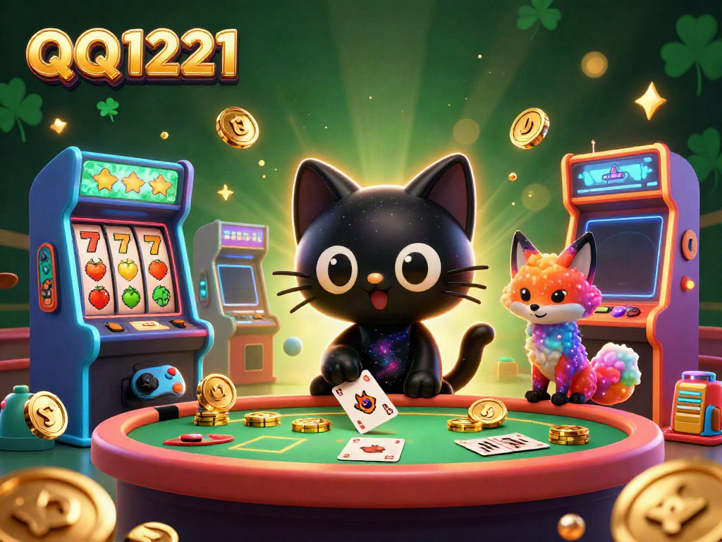 Engage with QQ1221 at a cosmic casino featuring a black hole cat and nebula fox.