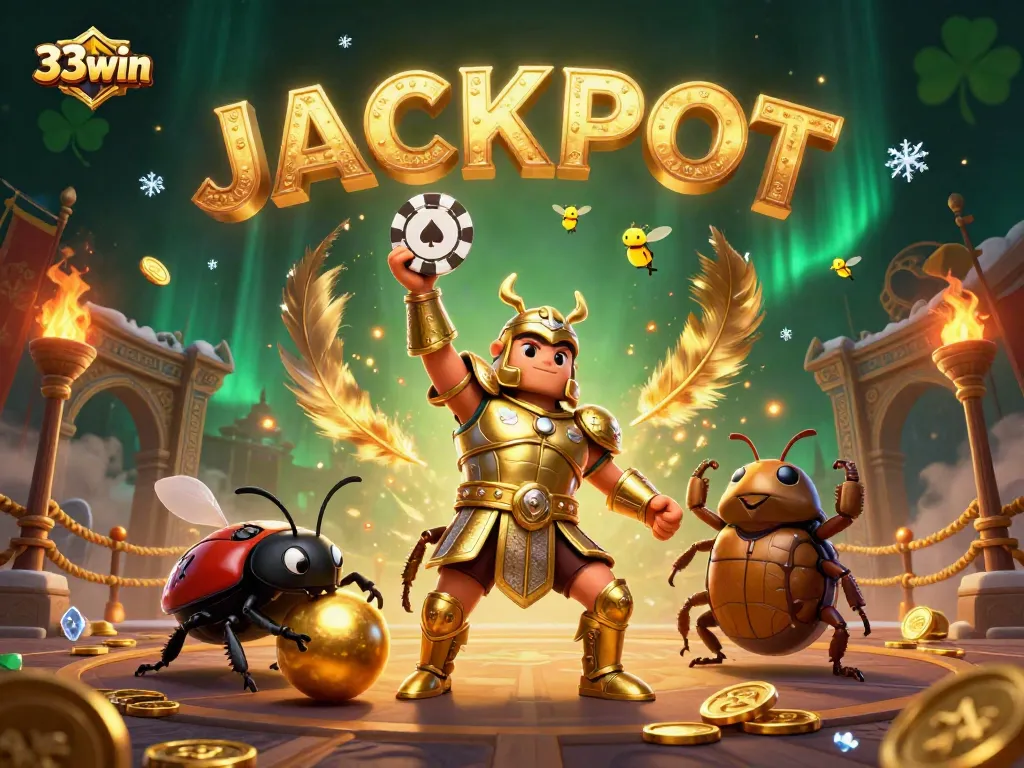33win showcases a victorious beetle champion amidst golden coins and gambling elements, embodying excitement.