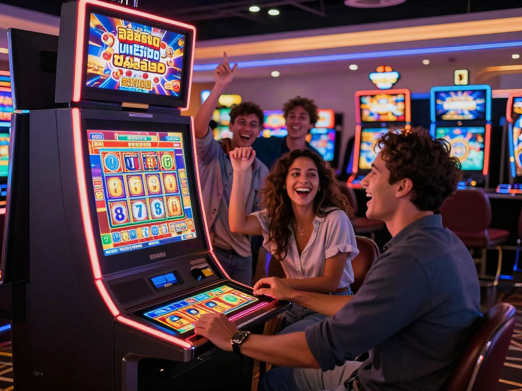 A group of friends celebrating a win at a modern สล็อต machine in a lively casino.