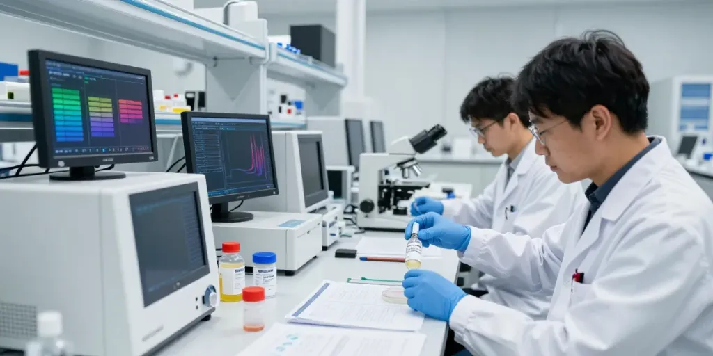 CJC-1295 Ipamorelin blend for sale being analyzed in a laboratory setting, showcasing researchers working with high-quality research compounds.