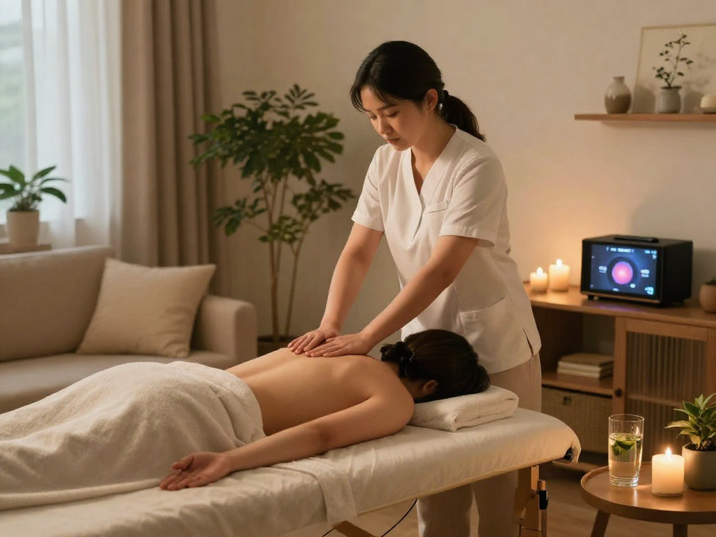 Relaxing 송파출장안마 home massage session with professional masseuse creating a tranquil atmosphere.