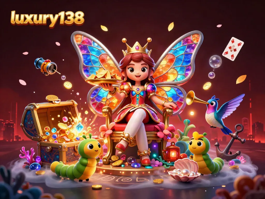 Experience luxury138's vibrant world of online gaming with an enchanting 3D illustration featuring immersive elements.