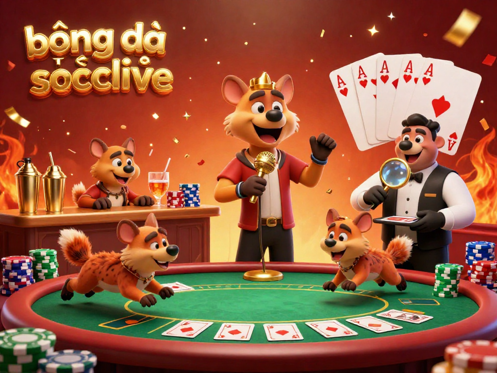 Engage with bóng đá trực tuyến socolive in this lively sports betting scene featuring whimsical hyenas and vibrant casino elements.