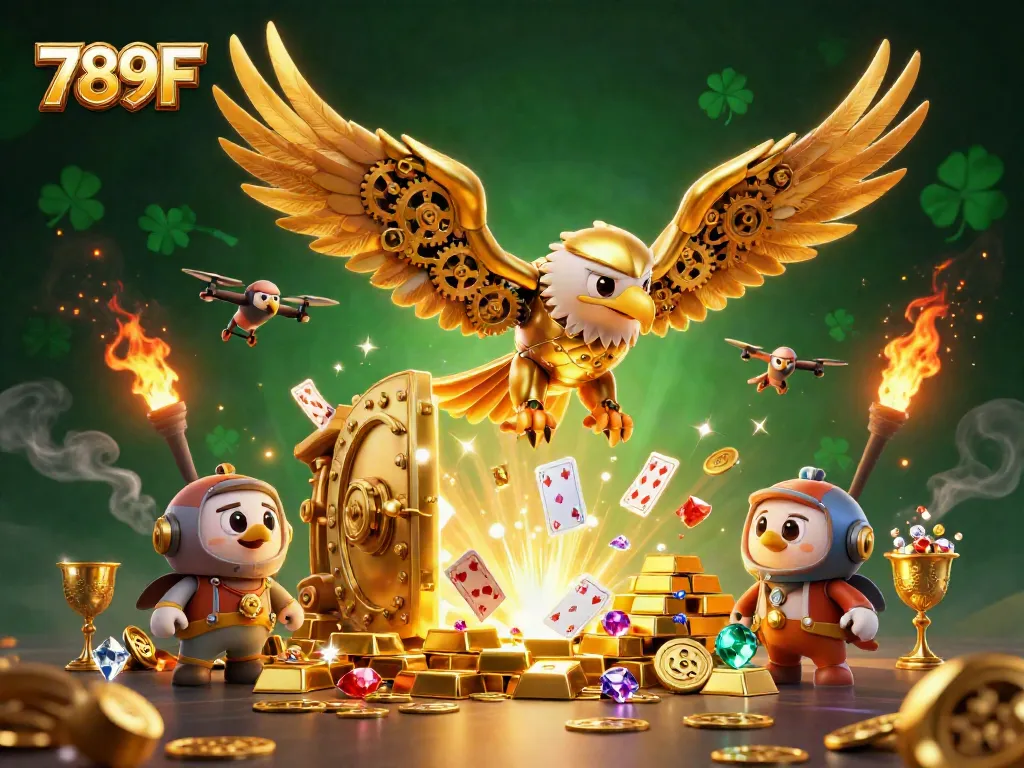 Experience the thrill of 789F with a cybernetic eagle and golden treasure in a vibrant casino scene.