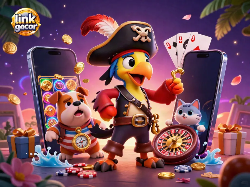Immerse in slot games with link gacor as a 3D pirate captain and bulldog explore vibrant casino elements in this breathtaking scene.