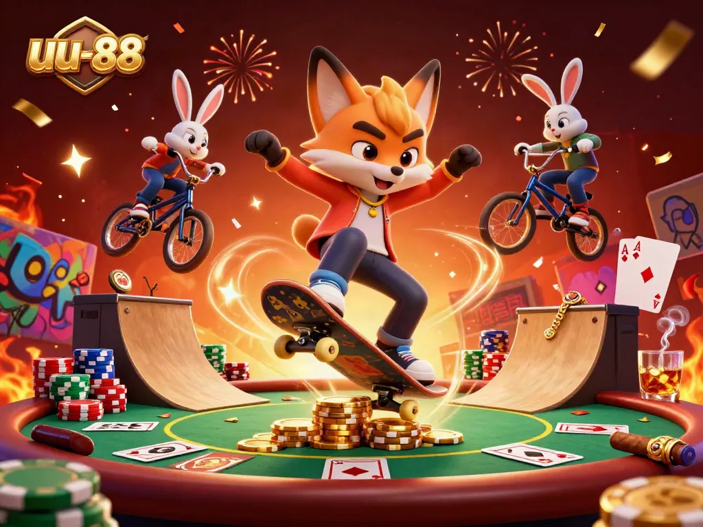 Engage in thrilling gameplay with uu-88's lively 3D casino scene featuring poker fun.