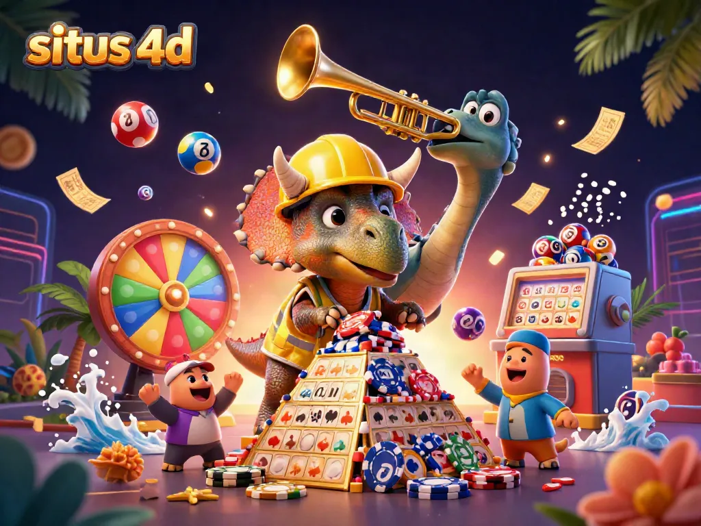 Engage with situs 4d through a lively 3D scene of casino triumph featuring dinosaurs and vibrant lottery elements.