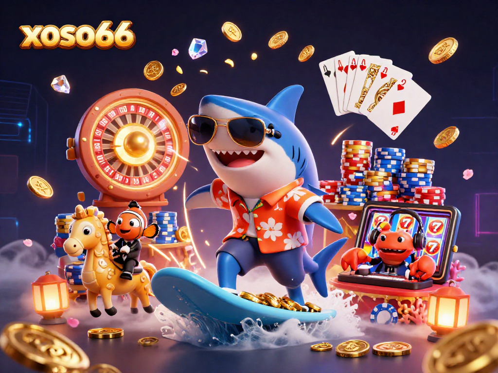 Spin with xoso66 as the shark surfs gold coins, flanked by the clownfish and crab DJ.