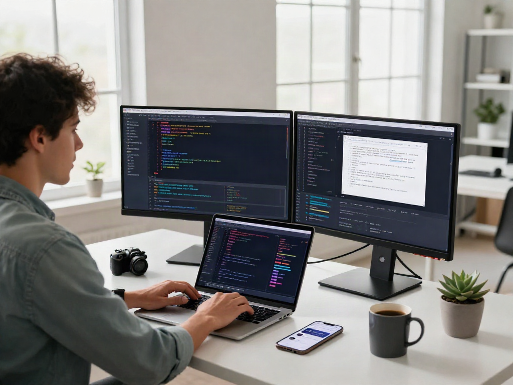 Developer menggunakan PGserver dalam ruang kerja modern penuh cahaya alami, dengan laptop dan monitor menampilkan kode.