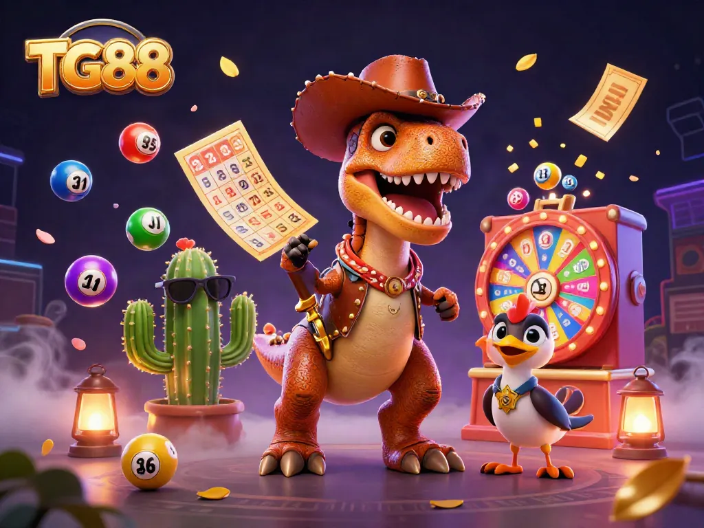 Engage with TG88's vibrant casino games featuring a T-Rex and interactive lottery elements.