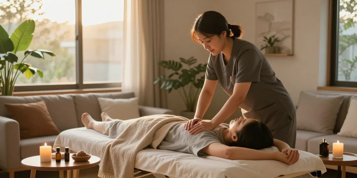 Relaxing 강서구출장안마 service in a tranquil home setting with a therapist and client.
